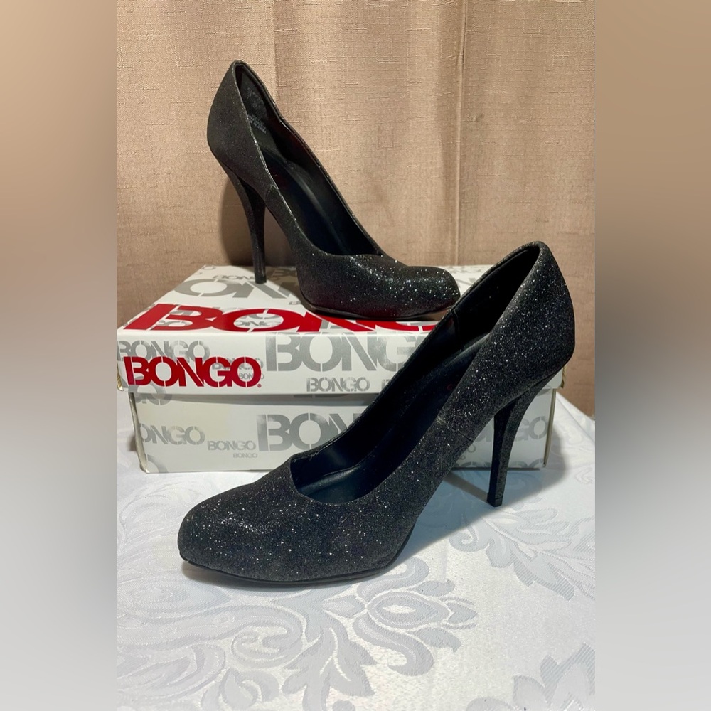 NIB Bongo 7 Black Glitter Stiletto 3.5” Heels Party